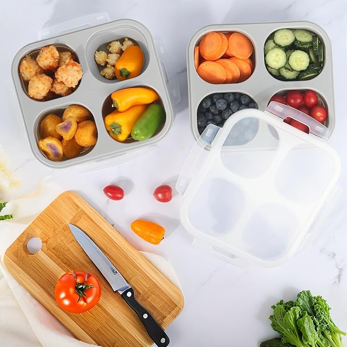 Collapsible Silicone Food Storage Container, 4-Compartment Snack Containers Portion Control with Clip-on Lid, Stackable, Space Saving, Microwave/Fridge/Freezer/Dishwasher Safe (3)