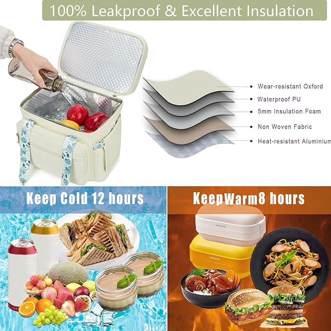 Double Deck Lunch Box for Women, Expandable Insulated Large Lunch Bag Women Leakproof Lightweight Lunch Cooler Bag Durable Lunchbox for Work Outdoor Travel, Beige