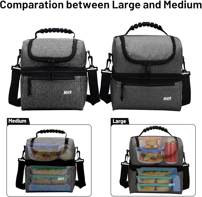 MIER Adult Lunch Box Insulated Lunch Bag Large Cooler Tote Bag for Men, Women, Double Deck Cooler (Grey, Large)