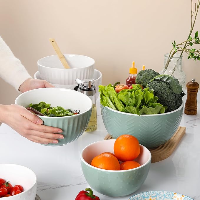 HAPPY KIT Ceramic Mixing Bowls Set, Serving Bowls Set For Kitchen,Large 5/3/1.5 Quart Bowl Set of 3, Prep Nesting Bowl for Baking and Mixing Salad,Avocado green