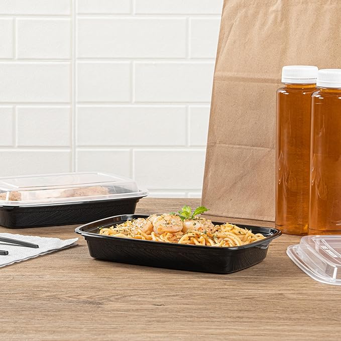Restaurantware Asporto 16 Ounce To Go Boxes 100 Microwavable Round Soup Containers - Clear Plastic Lids Included Do Not Contain BPA Black Plastic Catering Food Containers Disposable