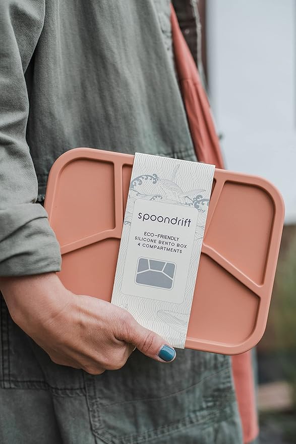 Spoondrift 100% Food Grade Eco-Friendly Leak-Proof Silicone Bento Box Lunchbox, Microwave Safe | For Child And Adult, 4 Compartment, Choose from 6 Colors, Includes 1 Box (Terracotta)