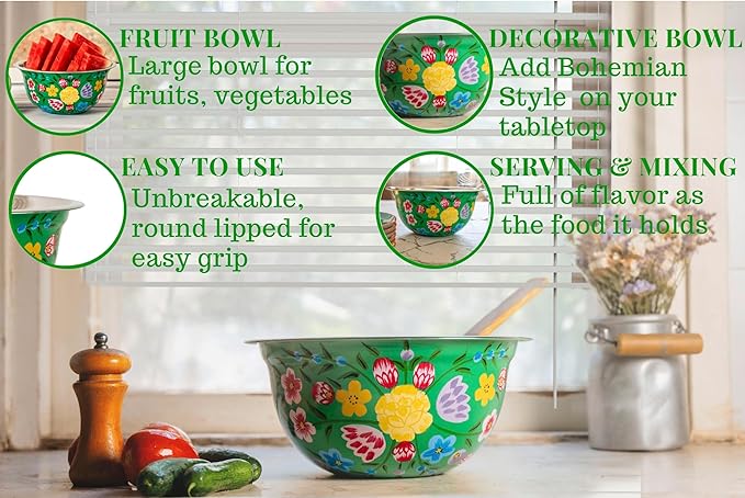 Large Hand Painted Stainless Steel Fruit Bowl - Decorative Floral for Salad Mixing and Serving - Traditional Kashmiri Art for Home Decor (Green.)