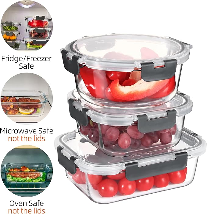 Glass Meal Prep Containers Set of 12 Food Storage Containers for Lunches, Dishwasher Safe, Grey
