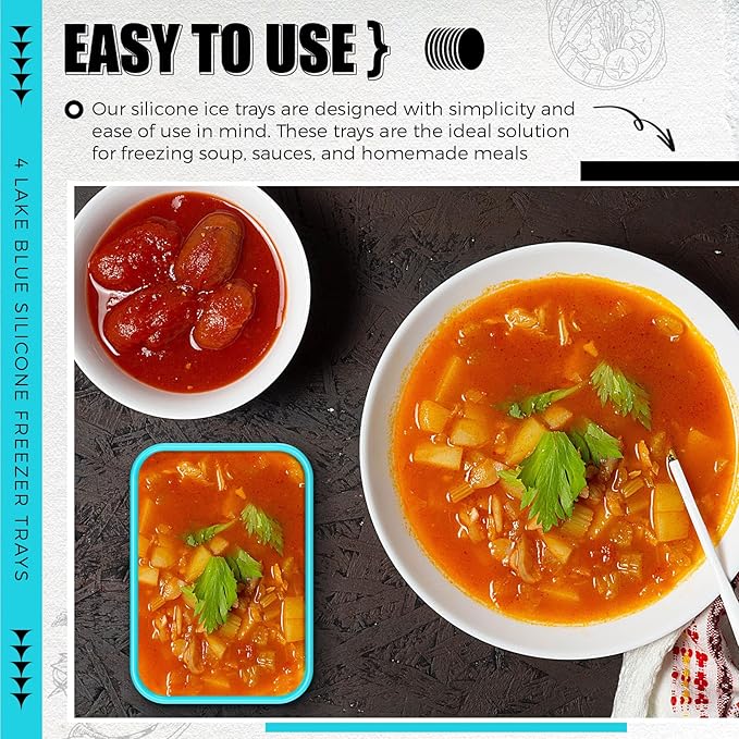 Nuogo 4 Pcs 3.5 Cup Silicone Freezer Trays with Lid Soup Freezer Containers Reusable Silicone Molds Rectangle Containers Freezing Ice Trays for Soups Sauces Stews Curries, Lake Blue