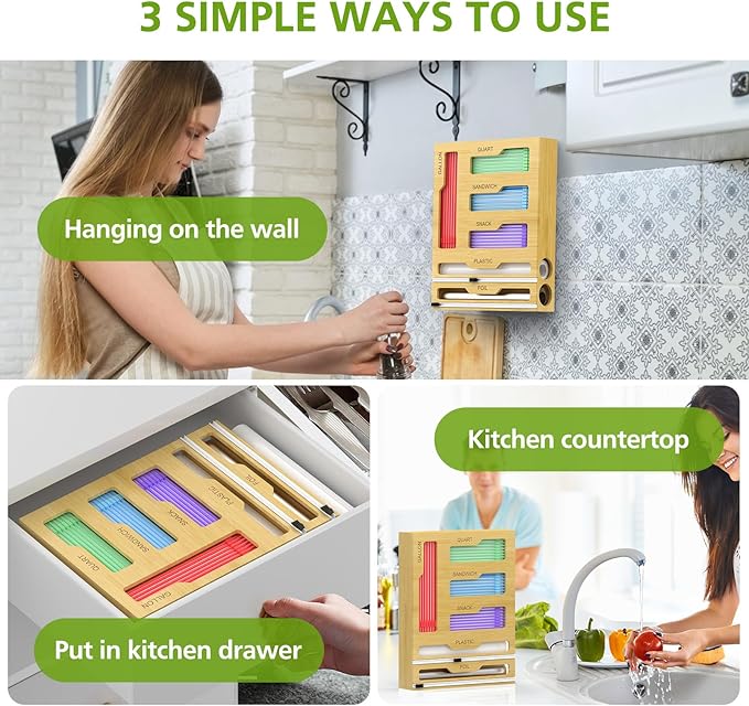 Bag Storage Organizer for Kitchen Drawer, 6 in 1 Foil and Plastic Wrap Dispenser with Cutter, Bamboo Plastic Bag Food Baggie Organizer for Gallon, Quart, Sandwich, Snack