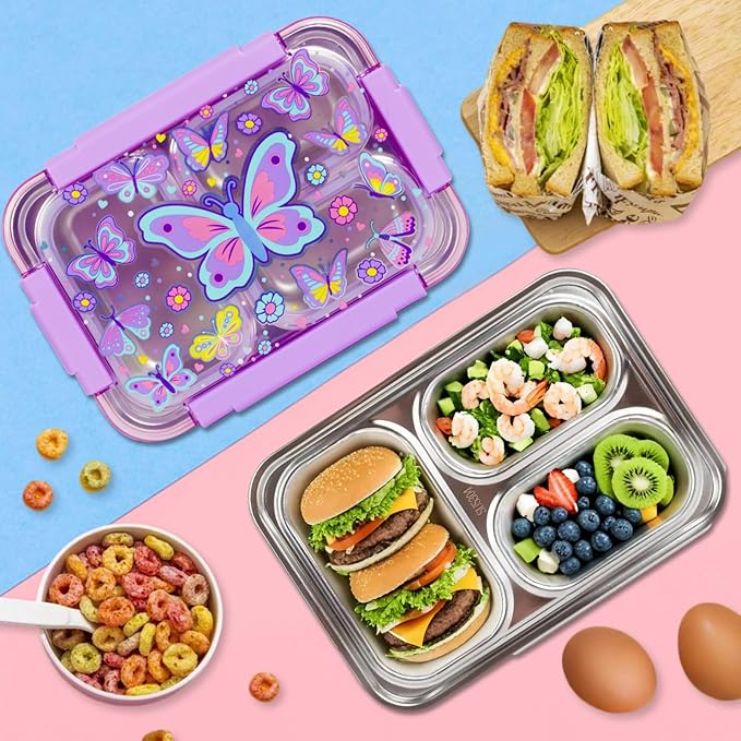 Stainless Steel Bento Lunch Box for Kids, 710ml/23.5oz BPA-Free Leak-Proof Food Containers with 3 Compartments, Back to School Students Daycare Lunches Snack Container Size for Ages 3-7