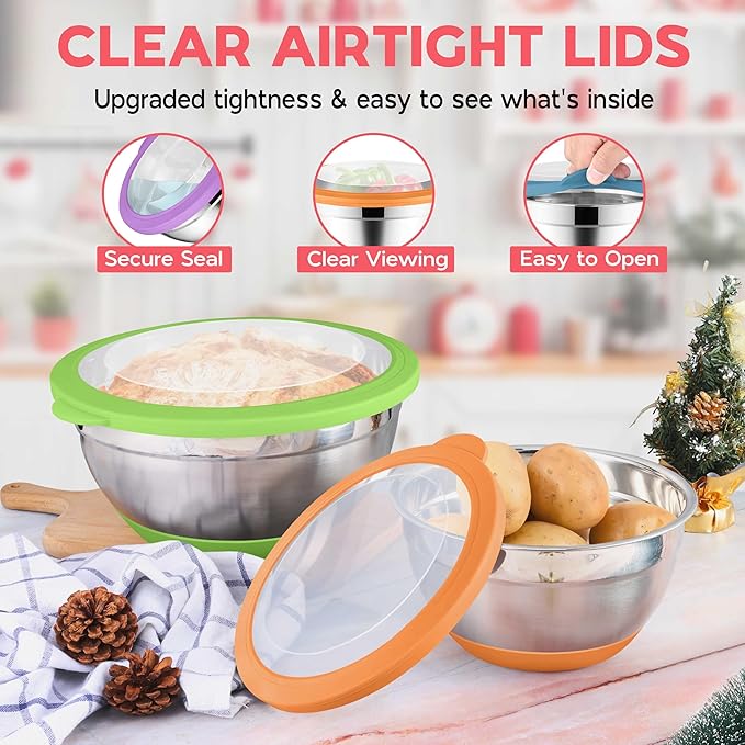 Colorful Mixing Bowl Set of 6 for Kitchen Large Stainless Steel Metal Nesting Mixing Bowls with Airtight Lids Non Slip - Size 1, 1.5, 2, 2.6, 3.5, 7QT