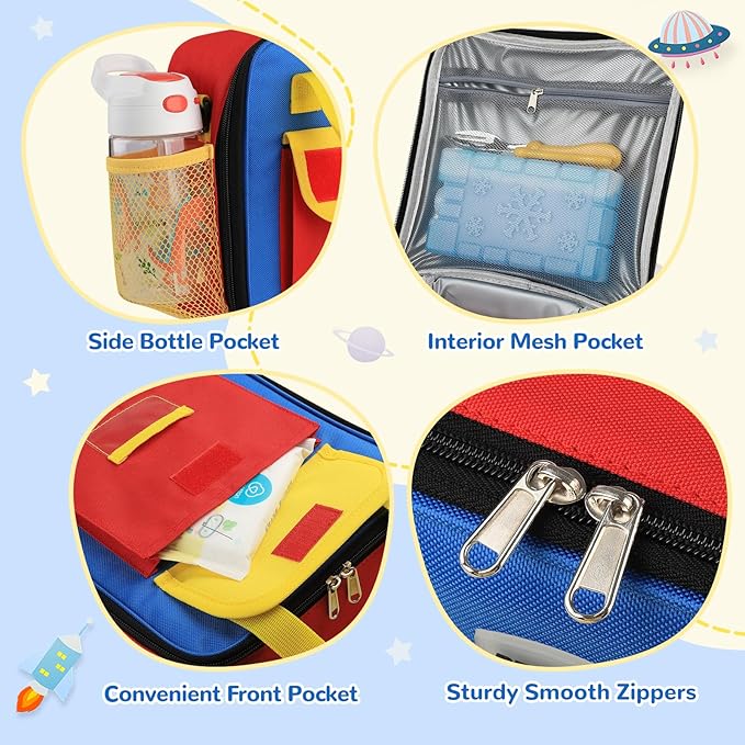 REDSHELL Tactical Lunch Box Kids, Large Insulated Lunch Bag for Boys Girls, Cooler Lunchbag, Square Toddler Lunchbox, School Daycare Lunch Tote Pail with Water Bottle Holder Shoulder Strap, Red Blue