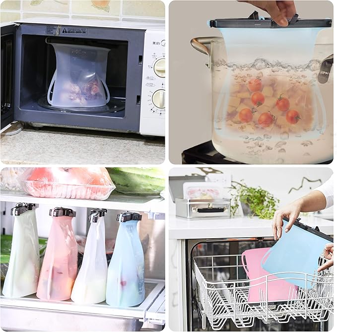 Reusable Food Storage Gallon Silicone Bags Quick Dry Dishwasher Safe Stand-Up SnapBags Freezer Bag