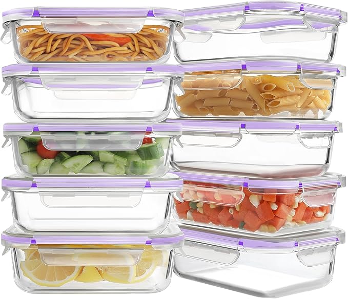 HOMBERKING 10 Pack Glass Meal Prep Containers, Glass Food Storage Containers with Lids, Airtight Glass Lunch Bento Boxes, BPA-Free & Leak Proof (10 lids & 10 Containers) - Purple