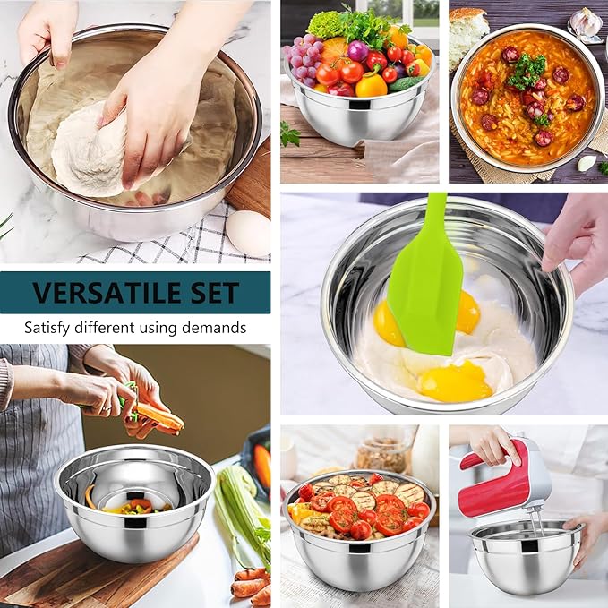 P&P CHEF Mixing Bowl with Lid Set, Stainless Steel Nesting Salad Bowls for Cooking Serving Prepping, Clear Lids & Stackable Design, Size 4.6, 3.5, 3, 2, 1.5, 1, 0.7 Qt - Blue, Set of 7