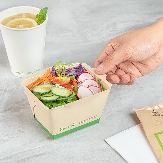 Restaurantware-Sustain 17 Ounce Sturdy Paper Take Out Boxes, 50 Disposable Take Out Food Containers - With PLA lining, Lids Sold Separately, Bamboo Paper Containers, Compostable, Click-Lock Design