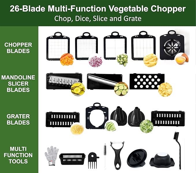 26-in-1 Multi Functional Vegetable Chopper with Container - Chopper Vegetable Cutter, Onion, Veg chopper with Container, Vegetables Slicer, Veggie Cutter, Veggie slicer | Mandoline Slicer, Spiralizer