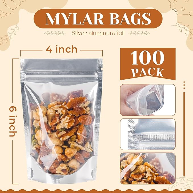 100 PACK Mylar Bags for Food Storage and Resealable Bags for Small Business Packaging Supplies Great for Party Favor Food Storage Bags (Silver,4x6Inches)