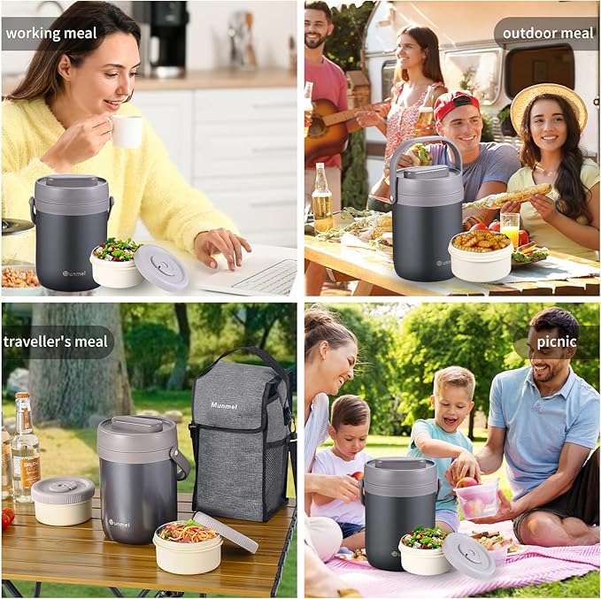 Adults Lunch Vacuum Soup Thermos For Hot Food with Inserts Stackable Bento Box Storage Container,Width Mouth Stainless Steel Portable Insulated Food Jar (grey, 74 oz)