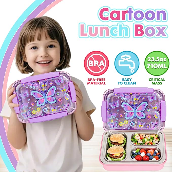 Stainless Steel Bento Lunch Box for Kids, 710ml/23.5oz BPA-Free Leak-Proof Food Containers with 3 Compartments, Back to School Students Daycare Lunches Snack Container Size for Ages 3-7