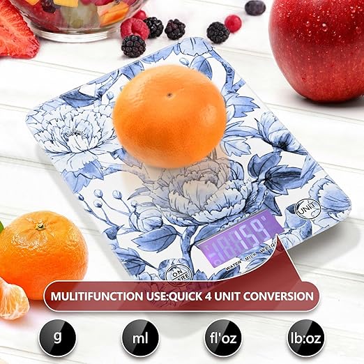 Food Scale Kitchen Digital Scale Food Ounces and Grams Dieting Baking Cooking Waterproof Glass Panels LCD Display,4 Units Scale Tare Function Blue and White