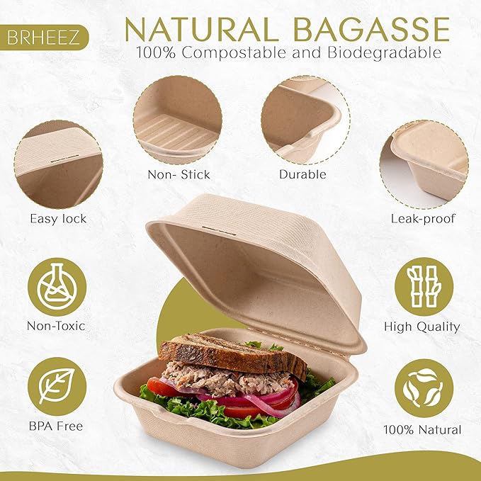 brheez Disposable Clamshell To-Go Containers – Bagasse Fiber Biodegradable Containers with Lids for Takeout, Parties, & Holidays – Pack of 50 Chemical-Free, 1-Compartment Boxes, 6"x6", Natural