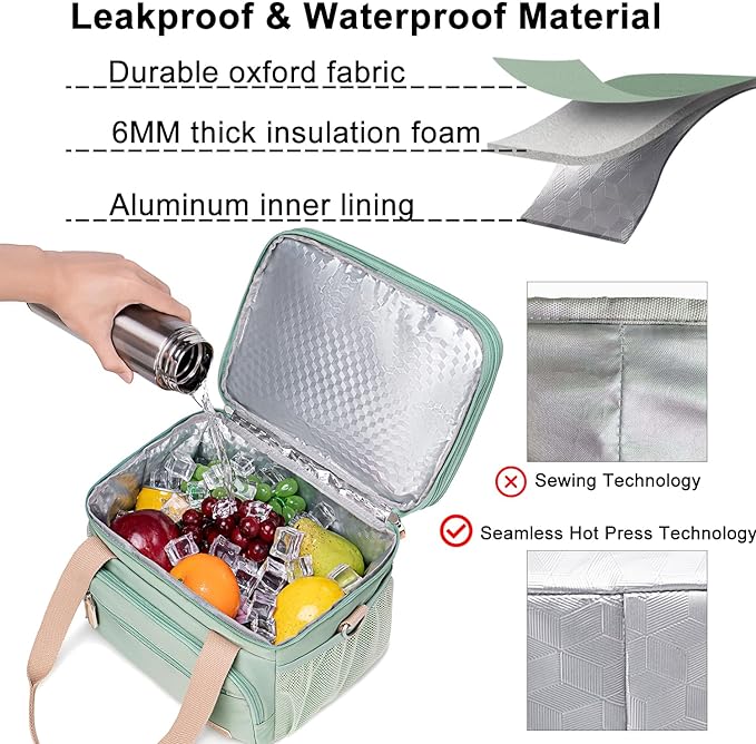 Weitars Insulated Lunch Box for Women Men-Dual Compartment Waterproof Reusable Large Lunch Bag for Women Wide-Open Tote Cooler Bag For Working Picnic Hiking (15L) (Green)