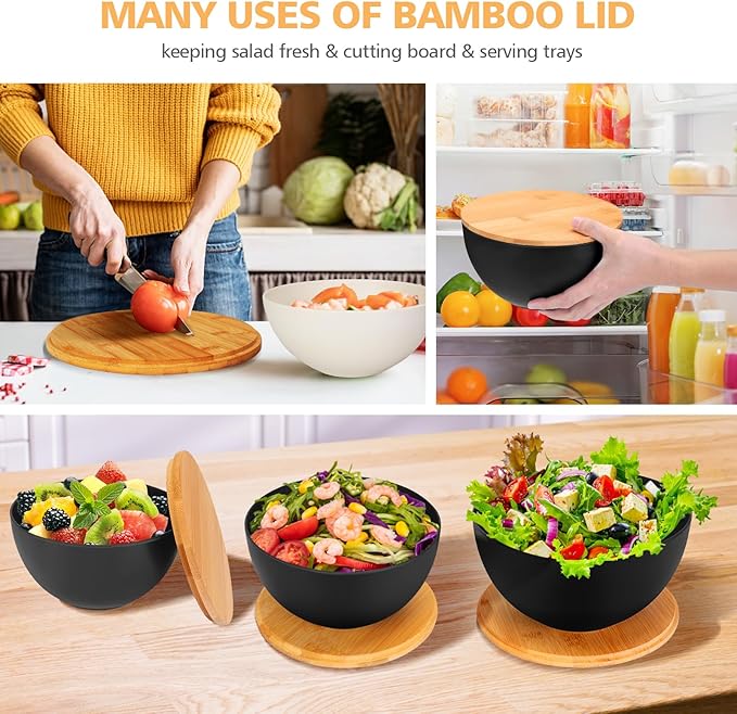 ShineMe Salad Bowl Set of 3, Natural Bamboo Fiber Salad Serving Bowls with Lids,Mixing Bowl for Preparing and Serving Salad, Cereal, Fruit, Veggies, Popcorn,Chips & Bread(10",8",6")