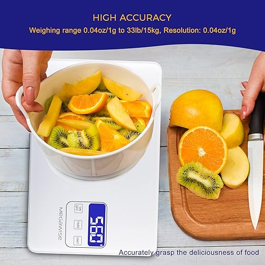 MEGAWISE Digital Kitchen Scale,33lb/15kg Food Scale with LCD Display,5 Units with Tare Function, Weight Grams and Oz for Cooking Baking,1g/0.04oz Precise Graduation,Waterproof Tempered Glass