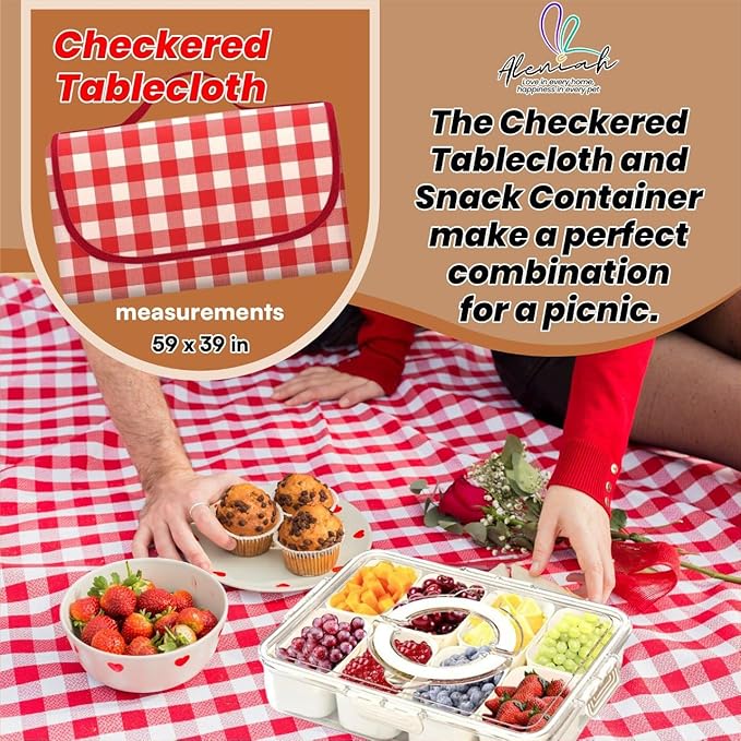 Divided Snack Tray with Lid – Portable Snackle Box with 8 Removable Compartments – Reusable Food Storage Containers for Snacks, Camping & Lunch – Includes Checkered Tablecloth