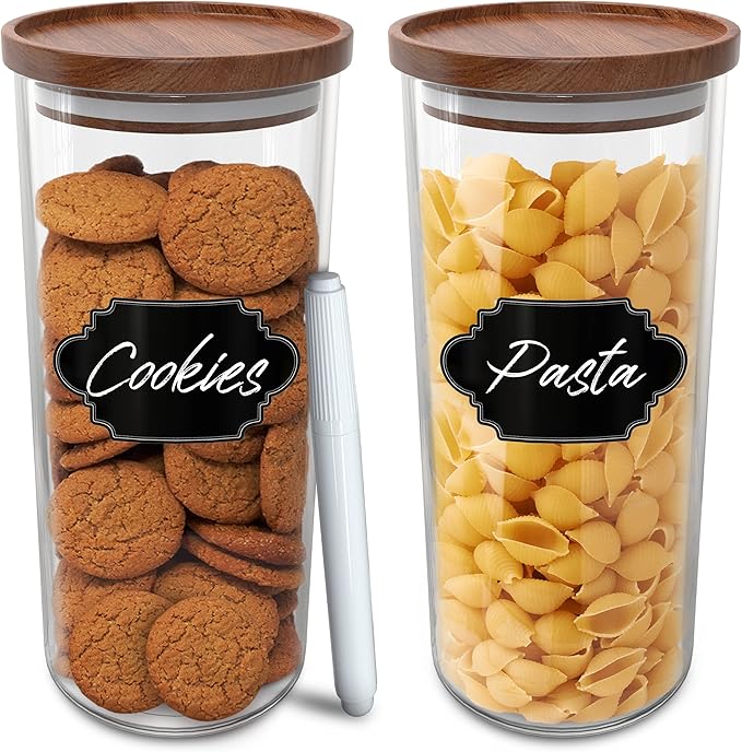 Glass Jars with Wood Lids Set of (2) 48 fl oz Airtight and Stackable Storage Containers for the Kitchen or Pantry Canister Wooden Acacia Lid holds Food Cookies Coffee Pasta