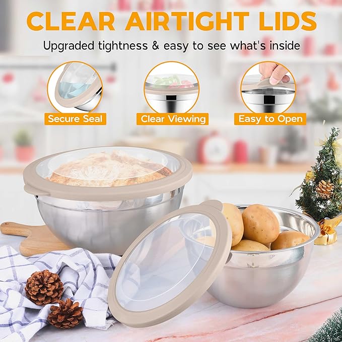 Mixing Bowl Set of 5 for Kitchen Stainless Steel Metal Nesting Mixing Bowls with Khaki Lids – Size 1.5, 2, 2.6, 3.5, 4.6QT