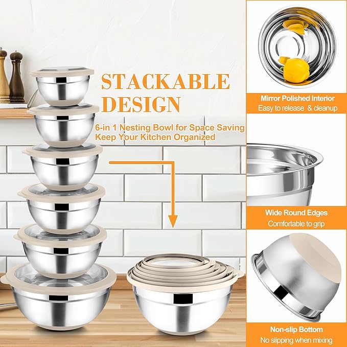 TeamFar Mixing Bowls Set of 6, Stainless Steel Salad Mixing Bowls with Visible Lids, Metal Nesting for Mixing Serving Prepping, Non-Slip & Airtight, 4.6/3.5/2/1.5/1/0.7 QT, Khaki