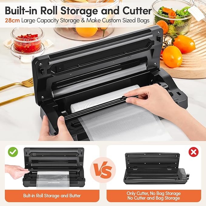 Vacuum Sealer Machine, 90Kpa Powerful Vacuum Sealer Machine for Food Storage, Multi-Functional Food Sealer with Vacuum Bags & 2 Roll Bags Build-in Cutter-Digital Countdown Display (Silver)