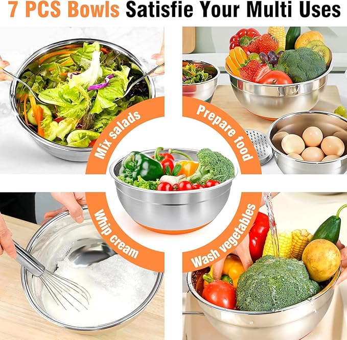 Sentk Mixing Bowls with Lids Set, 21 PCS Stainless Steel Mixing Bowls with 3 Grater Attachments, Food Storage Nesting Mixing Bowl with Non-Slip Bottoms, Mixing Bowl Set Great for Mixing & Serving