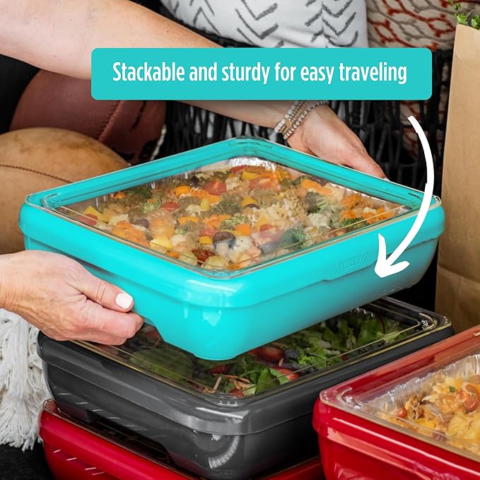 Fancy Panz Premium, Serving Tray for Food, Made in the USA Foil Pan Carrier, Stackable Aluminum Pan Holders, Travel Casserole Carrier, Aqua