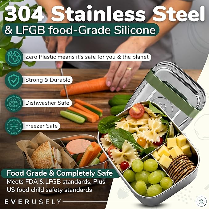 Everusely - Bento Box for Kids - Sage, 6.5x4.7 / 27oz - Stainless Steel Lunch Box w/Leakproof Condiment Container - 3 Compartment Snack Box for School, Office Meals - Freezer & Dishwasher Safe
