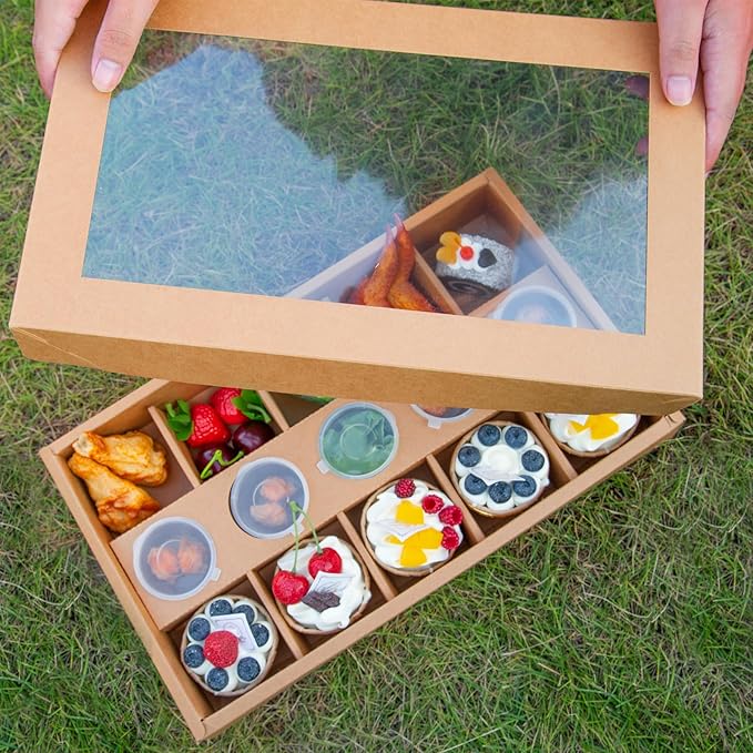 10PK 10-Grid Snack Bowls Heavy Duty, Kraft Paper Serving Window Tray Box 15.5x9x2in, Oil-proof Pastry Box for Outdoor Picnic Box Party Takeout Container