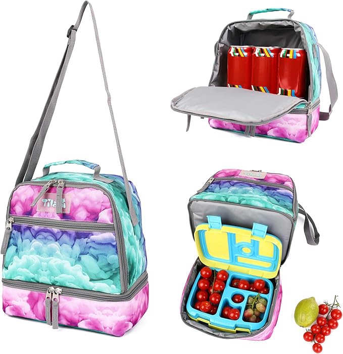 Tilami Lunch Bags Insulated Adjustable Strap Zipper, Water-Resistant Cooler Bags, Bento Bags for Kids Toddlers, Clouds Green