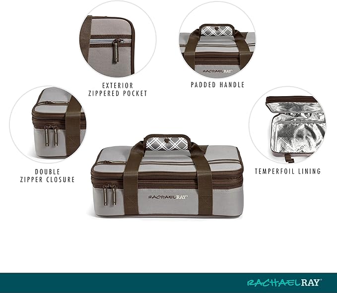 Rachael Ray Expandable Insulated Casserole Carrier for Hot or Cold Food, Thermal Lasagna Lugger Tote for Potluck, Parties, Picnic, and Cookouts, Fits 9" x 13" Baking Dish
