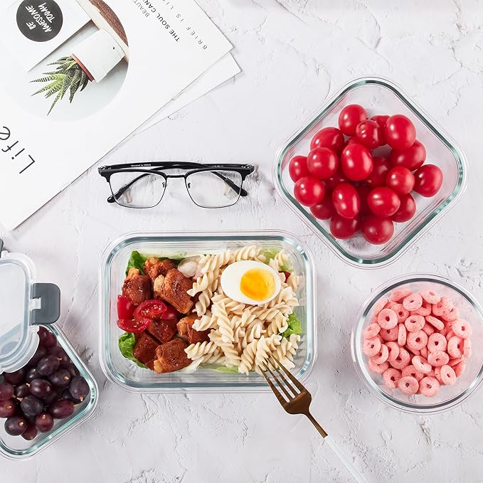 YANGNAY Glass Food Storage Containers Set of 12, Glass Meal Prep Containers with Airtight Lids, Dishwasher Safe, 6 Sizes