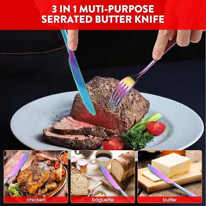 30 Piece Rainbow Silverware Set with Gift Box for 6, Colorful Stainless Steel Flatware Cutlery Set, Home Kitchen Tableware Utensil Set, Include Spoons Forks Knives