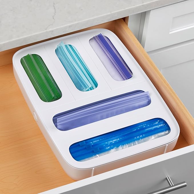 YouCopia StoraBag Drawer Food Bag Dispenser, Plastic Sandwich Bags Organizer for Kitchen Storage, 5-Slot, White