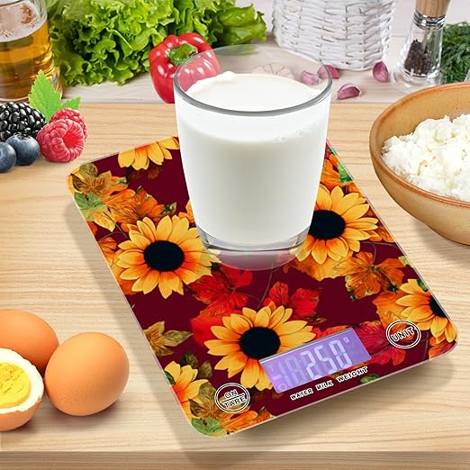 Food Scale Kitchen Digital Scale Food Ounces and Grams Dieting Baking Cooking Waterproof Glass Panels LCD Display,4 Units Scale Tare Function Sunflower