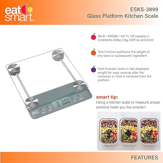 Eat Smart Eat Smart 33lb Glass Platform Food Kitchen Scale with Tare, Grey