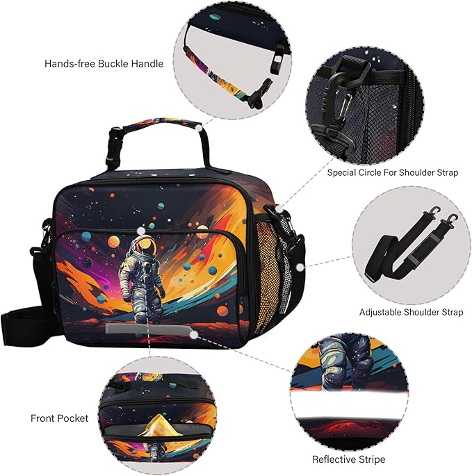 MNSRUU Student Lunch Bag Astronaut Starry Sky Insulated DinnerTotes Picnic Bag Lunch Box with Adjustable Shoulder Strap for Teen Kids Adults