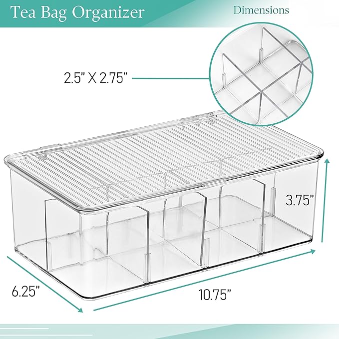 Sorbus 2 Pack Tea Bag Organizer Bins w/Lids & 4 Removable Dividers, Clear Plastic Food Packet Snack Organizer, Stackable Pantry Organization, Kitchen Storage, Fridge Bins, Sturdy Cabinet Organizers