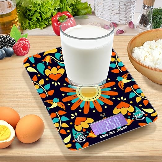 Food Scale Kitchen Digital Scale Food Ounces and Grams Dieting Baking Cooking Waterproof Glass Panels LCD Display,4 Units Scale Tare Function Boho Floral