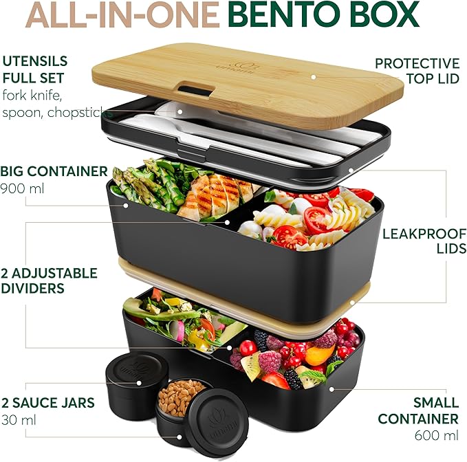 Umami Bento Box Adult All-in-1 w/ 4 Utensils, 100% Leakproof, Dishwasher & Microwave Safe Lunch Containers for Adults w/ 4 Compartments, Black & Tan, 50 oz
