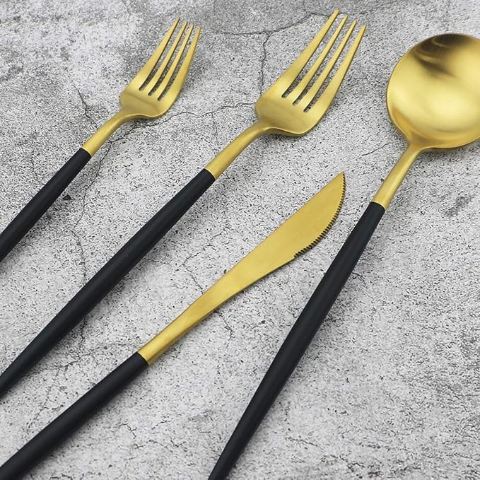 20-Piece 18/10 Stainless Steel Flatware Silverware, Luxury Dinnerware Set Travel Cutlery Tableware Include Knife Fork Spoon Service for 4, Dishwasher Safe (Black Handle Matte Gold)