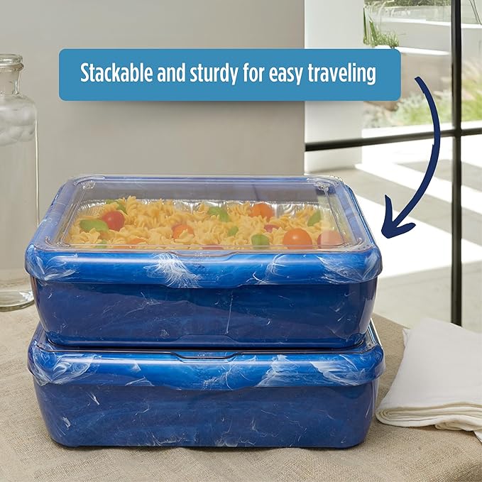 Fancy Panz Premium, Serving Tray for Food, Made in The USA Foil Pan Carrier, Stackable Aluminum Pan Holders, Travel Casserole Carrier, Blue Marble
