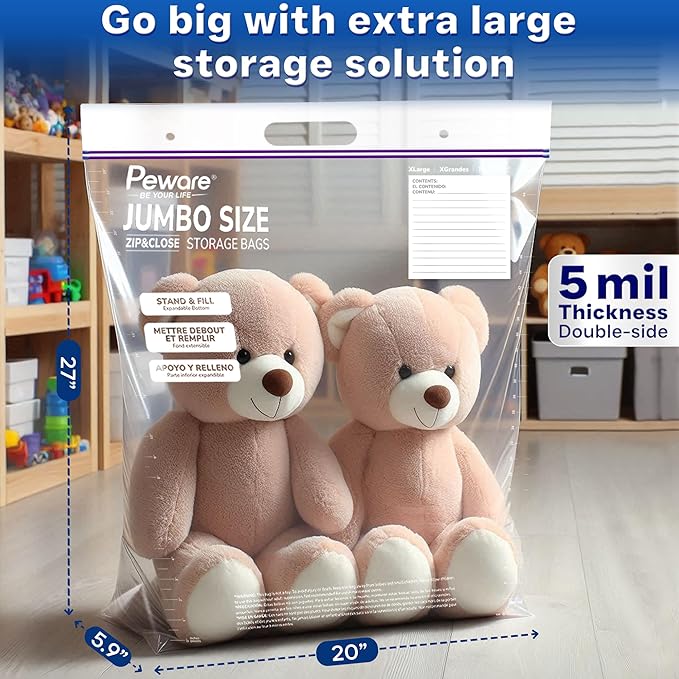 Jumbo Plastic Storage Bags, Extra Large 10Gallon Resealable Zipper Lock Seal Bags for Bedding, Clothes, Travel, and Food, Moving Totes, 20"x26", 20 Pack