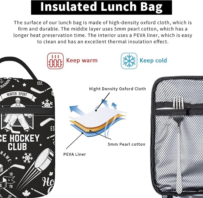 Insulated Lunch Box for Boys Kids Hockey Lunch Box for Work,Picnic,School,Travel,Hiking, Beach or Fishing Polyester Hockey Lunch Bag Ice Hockey Retro Style